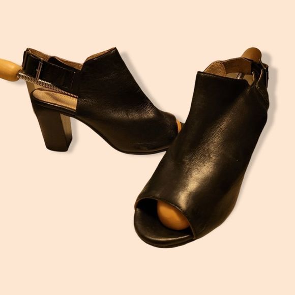 8.5 black genuine leather slingback boho chunky sandal heels - Picture 6 of 8